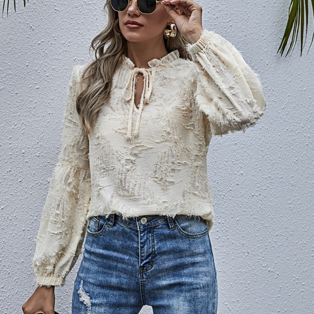 cream front tie feather neck tie long sleeve top - Picture 3 of 7